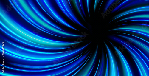 High speed warp of blue light with radial twisted burst. Realistic vector background with space travel neon glowing effect. Fantasy motion circular twisted perspective tunnel of velocity in hyperspace