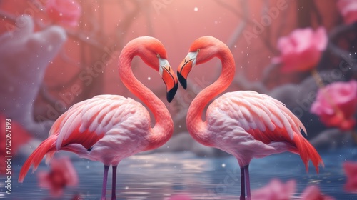 Couple of flamingo on romantic valentines background. Valentine's day greeting card, in love © CYBERUSS