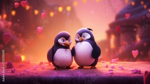 Couple of cute penguin cartoon on romantic valentines background. Valentine's day greeting card, in love