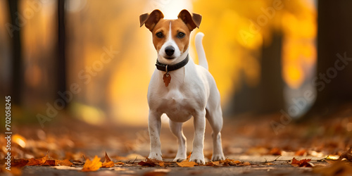  Dog breed Jack Russell Terrier playing in autumn park,Autumn Frolic: Energetic Jack Russell Terrier in the Park