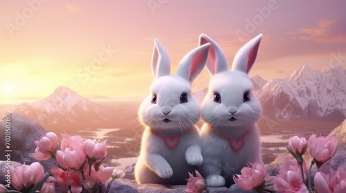 Couple of cute bunny on romantic valentines background. Valentine's day greeting card, in love photo