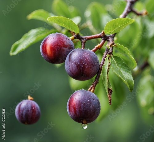 Ripe plums on a tree branch with water drops after rain