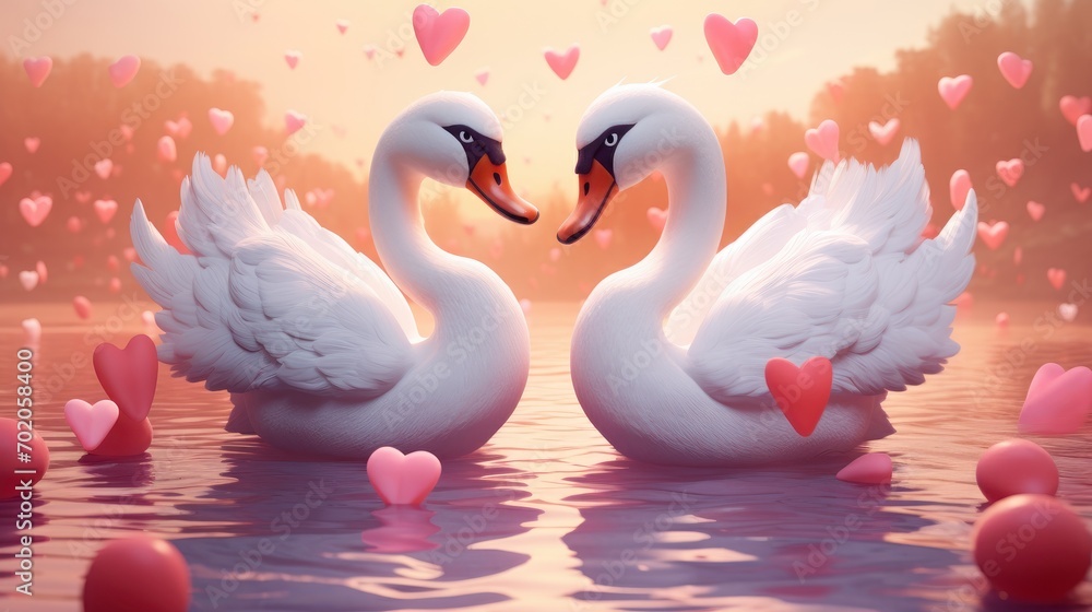 Fototapeta premium Couple of swan on romantic valentines background. Valentine's day greeting card, in love