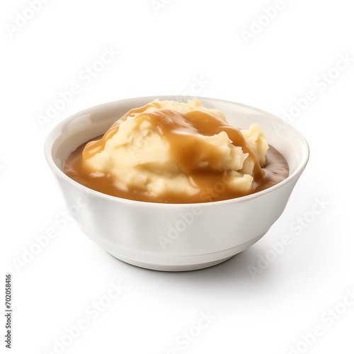 bowl of mashed potatoes and gravy