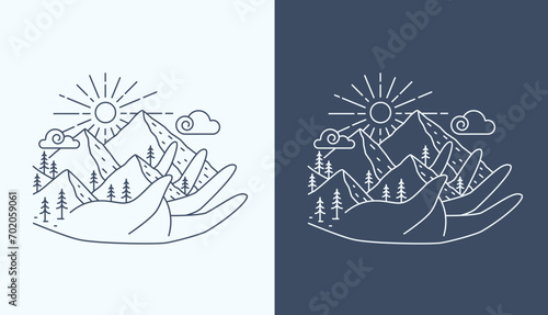 line art. hand and mountain views design