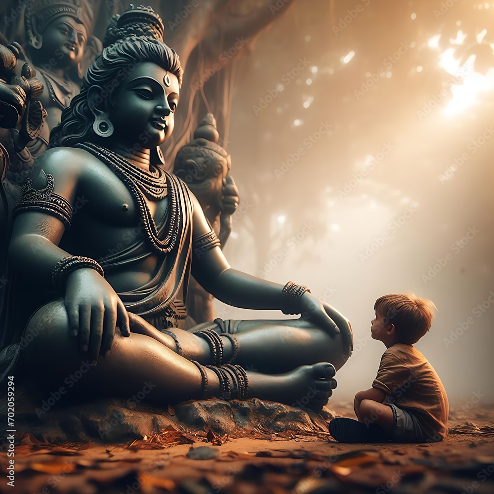 a little boy sitting on the ground next to a statue of god, ai generative - obrazy, fototapety, plakaty 