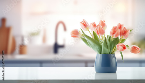 Tulips in a vase in the kitchen ,spring concept