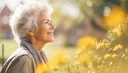 Elderly lady near a flowering tree ,spring concept