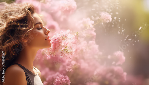 Woman sniffing fresh branch with bloom ,spring concept