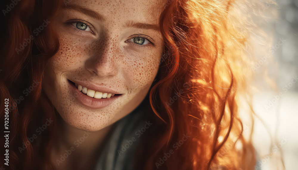 Red-haired woman with light eyes smiling ,spring concept
