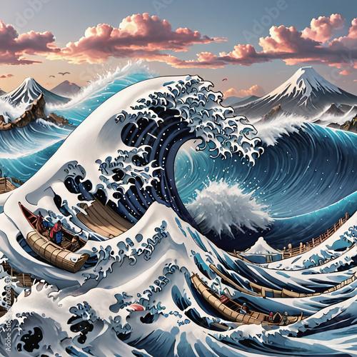 The great wave of japanese ocean painting reproduction vector illustration. Old Japanese artwork with big wave and mountain Fuji on the background 3D style