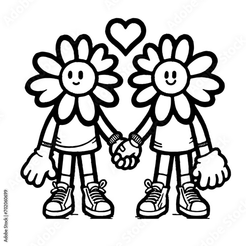 A simple black and white drawing of two smiling daisies. The flowers have faces, arms and wear sneakers. They are holding hands and have hearts above them.