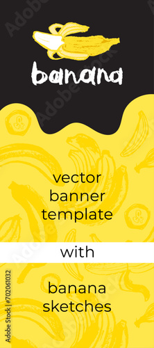 Vector bananas banner template with sketch bananas seamless pattern. Banana label backdrop. Banana fruit ornament. Yellow fruits label design. photo