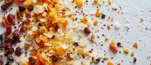 A mix of nuts and dried fruits on a bright surface, ideal for nutritious snacking.