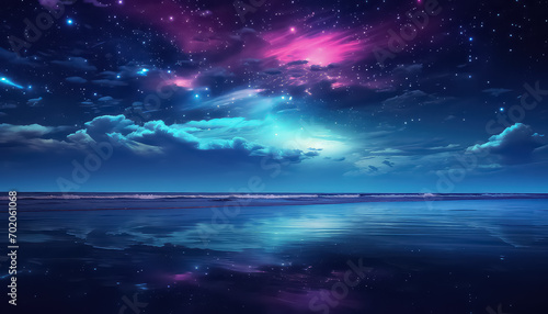 A magical night on the beach overlooking space in neon color ,spring concept photo