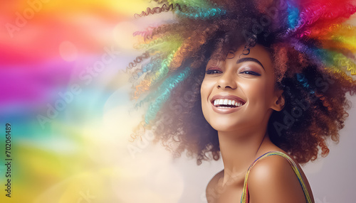 african american woman with curly hair in rainbow colors , black history month photo