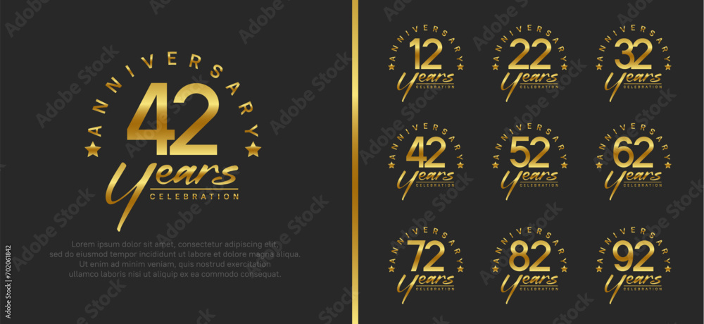 set of anniversary logo gold color number and golden text on black background for celebration - obrazy, fototapety, plakaty 