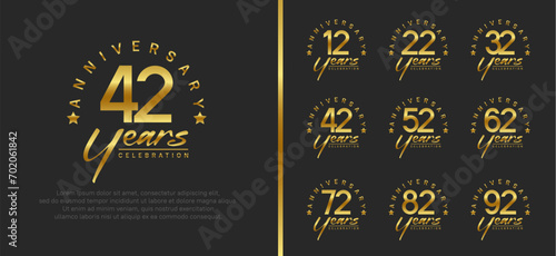 set of anniversary logo gold color number and golden text on black background for celebration photo