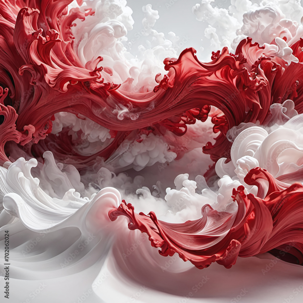 Red White abstract twirl splash ocean seascape. Surface of the 3D sea. Water waves in red and white  color style. Nature background. Illustration for, interior design, decor or print.