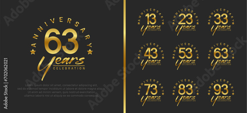set of anniversary logo gold color number and golden text on black background for celebration photo