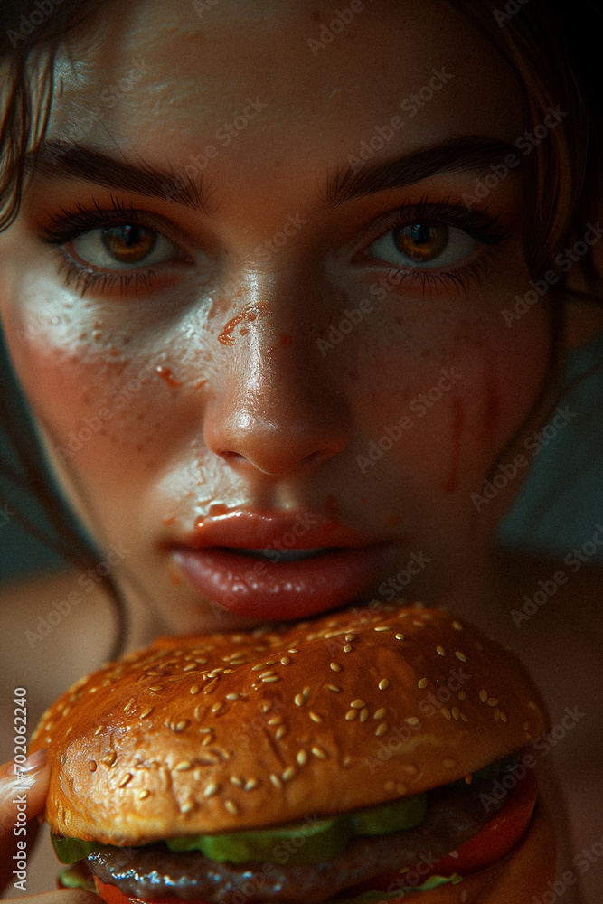 Portrait of female eating a burger Portrait of female eating a burger