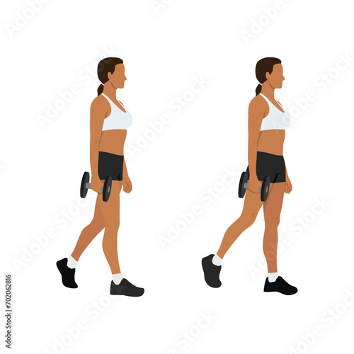 Woman doing single or one arm dumbbell farmers walk or suitcase carry exercise. Flat vector illustration isolated on white background