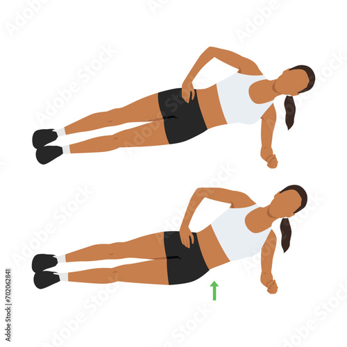 Woman doing side plank hip raises exercise. Flat vector illustration isolated on white background