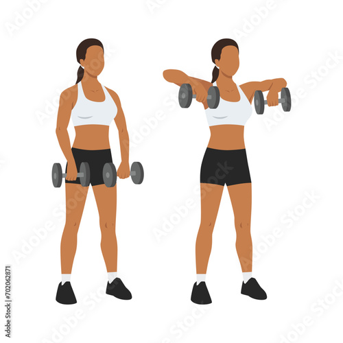 Woman doing upright dumbbell rows exercise. Flat vector illustration isolated on white background