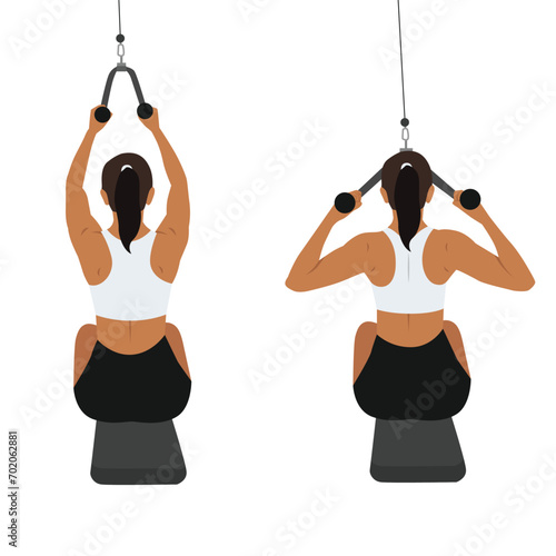 Woman doing seated Face pull. rear delt pull exercise. Flat vector illustration isolated on white background