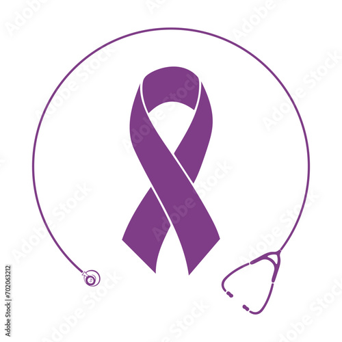 world cancer day, Cancer Awareness Concept With purple Color Ribbons, celebrating the lives of brave warriors ribbons frame and stethoscope