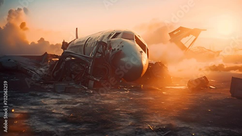 Dramatic of aeroplane accident. Crashed and burnt air plane on sunset horizontal background. photo