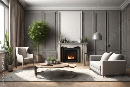 Three dimensional render of living room with single chair- potted plant- wall panels and fireplace 