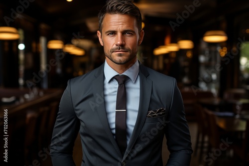 Photo Realistic of a Sharply Dressed Businessman in a Modern Tailored Suit, Generative AI © Giantdesign