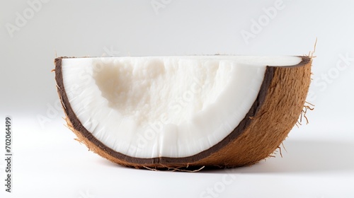 a isolated coconut slices against a white background, showcasing the textured surface and creamy white interior of this tropical delight.