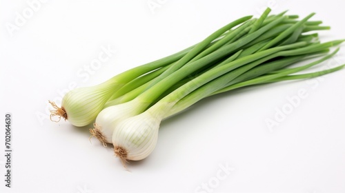 a isolated green onions on a clean white background, showcasing their slender form and fresh green color.