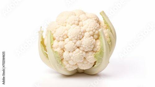 A high-definition capture of a solitary cauliflower head, isolated on a white background, showcasing its unique texture and creamy color.