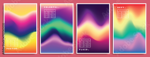 Abstract and colorful fluid gradient mesh background set. Wavy and liquid vibrant color gradation. Modern multicolored backdrop for poster, banner, cover, magazine, leaflet, or presentation.