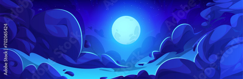 Full moon glowing in night sky. Vector cartoon illustration of anime style midnight cloudscape with stars shimmering in darkness, bright moonlight in space, mysterious nighttime, skyline background