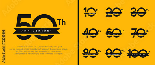set of anniversary logo black color number and black ribbon on yellow background for celebration