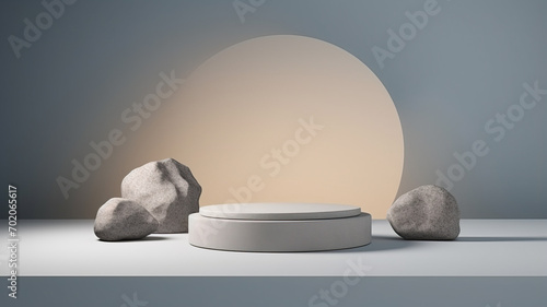 Podium platform for product presentation made of three big rocks. Podium display set. Trendy minimalist banner photo