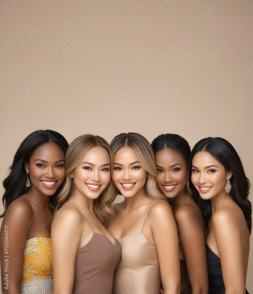 Beautiful young multiethnic women with natural makeup. Advertising for female fashion models, face and body skin care. Beautiful young multiethnic women with natural makeup. Advertising for female fashion models, face and body skin care.