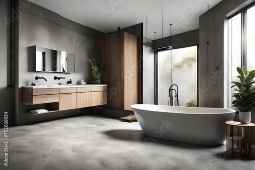 minimalist bathroom interior  concrete floor and gray and beige walls  bathroom cabinet  bathtub