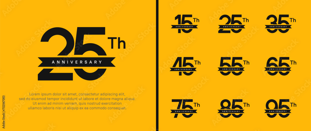 set of anniversary logo black color number and black ribbon on yellow background for celebration set of anniversary logo black color number and black ribbon on yellow background for celebration