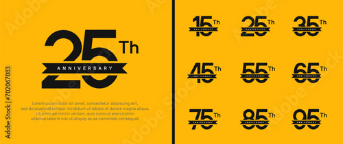 set of anniversary logo black color number and black ribbon on yellow background for celebration