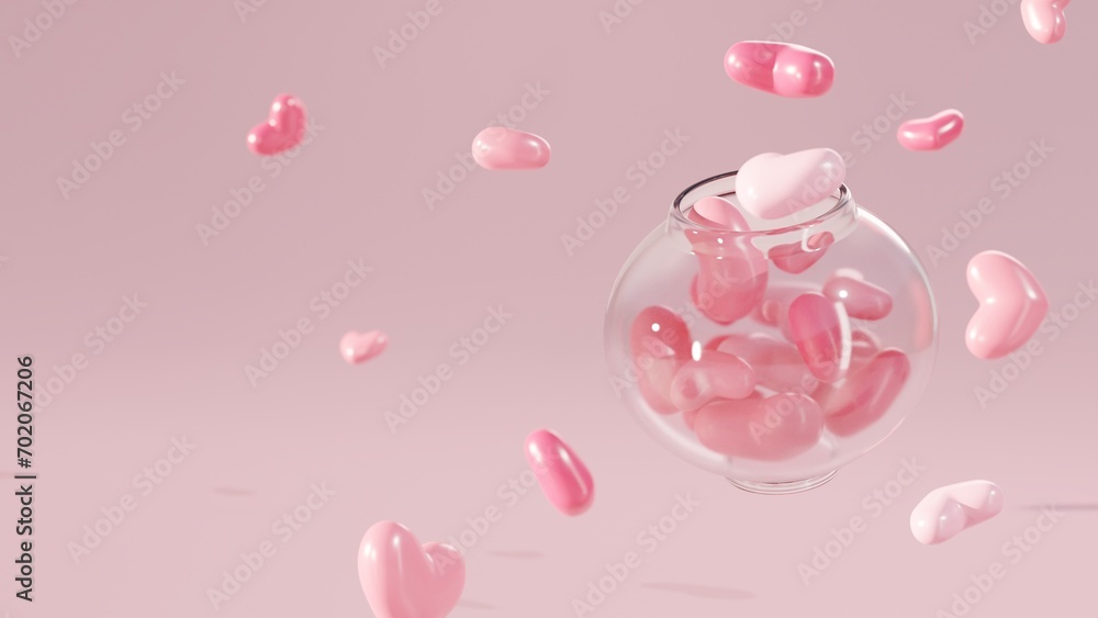 3D illustration of a round glass jar filled with pink hearts and some hearts scrattering around on the outside on pink background 3D illustration of a round glass jar filled with pink hearts and some hearts scrattering around on the outside on pink background