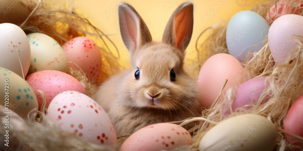 Cute Easter Bunny in a Basked full of Colourful Eggs