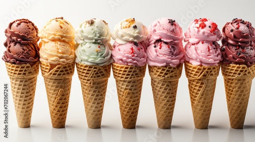 Many assorted ice cream on waffle cone flavors isolated on white or transparent background. 