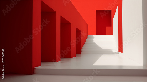 A long hallway with red walls and columns. Generated Ai 