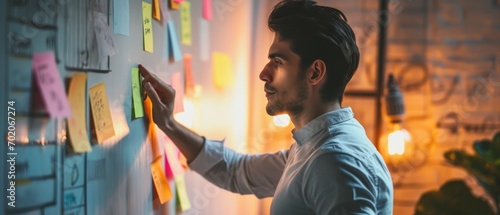 Businessman planning and strategy brainstorming working with post its on the wall. photo