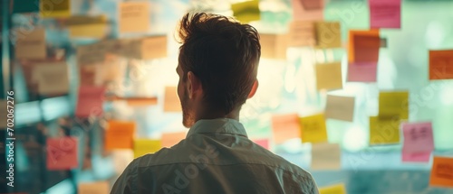 Businessman planning and strategy brainstorming working with post its on the wall.